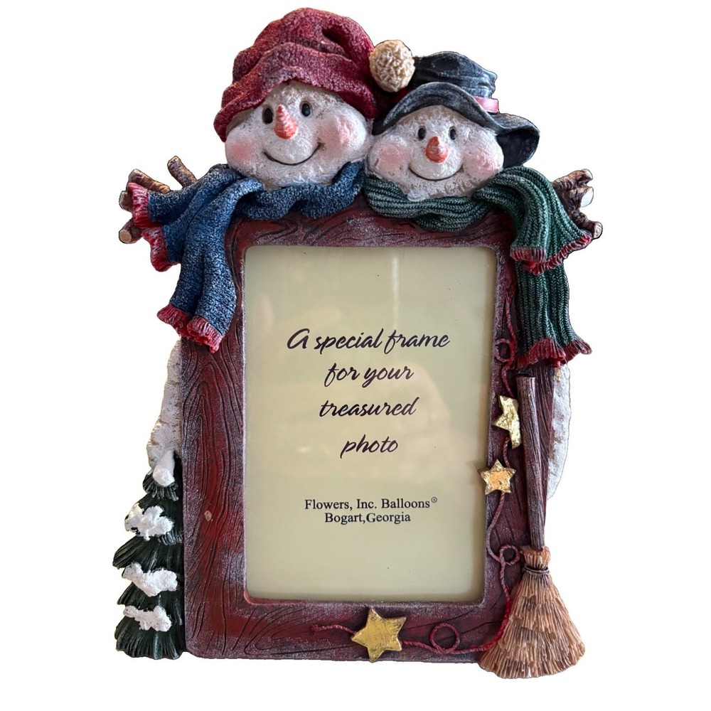 Christmas Winter Snowman Table Top Picture Frame, Hand Painted, Flowers Inc